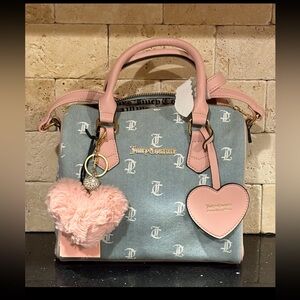 Juicy Couture Gothic Denim & White Fame Satchel + FREE Keychain NWT